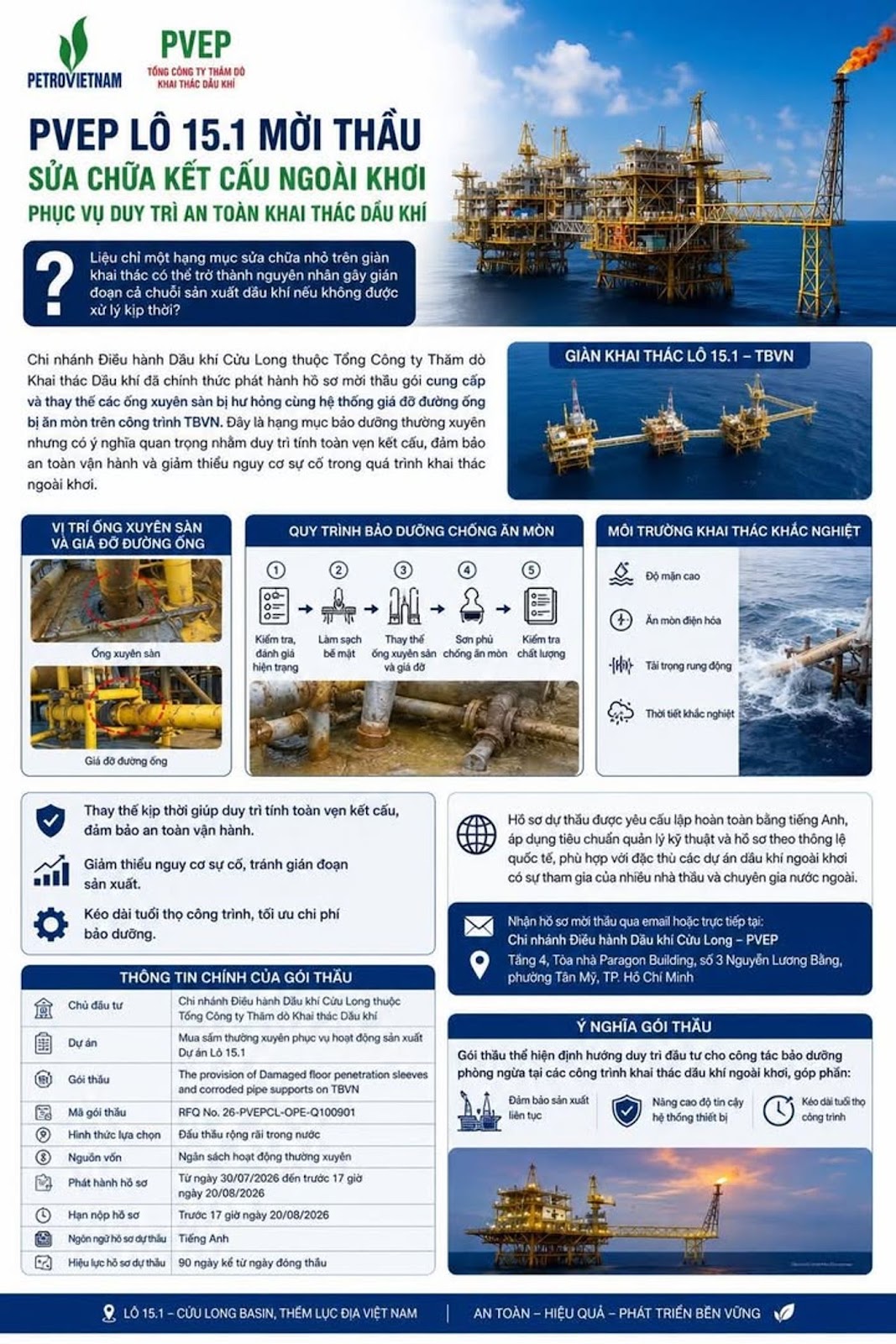 PVEP Lô 15.1 mời thầu sửa chữa kết cấu ngoài khơi phục vụ duy trì an toàn khai thác dầu khí #PVEP #Petrovietnam #Lô151 #ĐấuThầu #DầuKhí #TBVN #Offshore #BảoDưỡng #AnToànCôngTrình #NăngLượng