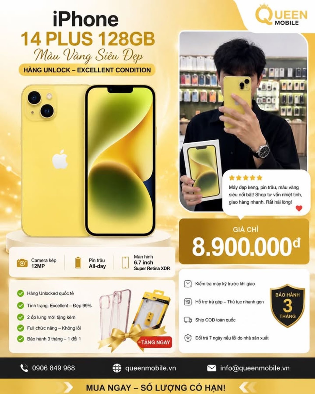 iPhone 14 Plus 128GB màu vàng giá chỉ 8.900.000 VND tại Queen Mobile #iPhone14Plus #iPhone14 #Apple #iPhone128GB #iPhoneCũĐẹp #iPhoneUnlocked #QueenMobile #ĐiệnThoạiApple #iPhoneGiáTốt #TPHCM