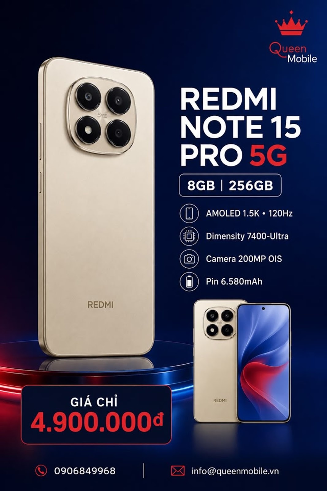 𝗥𝗘𝗗𝗠𝗜 𝗡𝗢𝗧𝗘 𝟭𝟱 𝗣𝗥𝗢 𝟱𝗚 𝟴𝗚𝗕 𝟮𝟱𝟲𝗚𝗕 – GIÁ CHỈ 4.900.000 VND 🔥 #RedmiNote15Pro #QueenMobile #ĐiệnThoạiGiáTốt