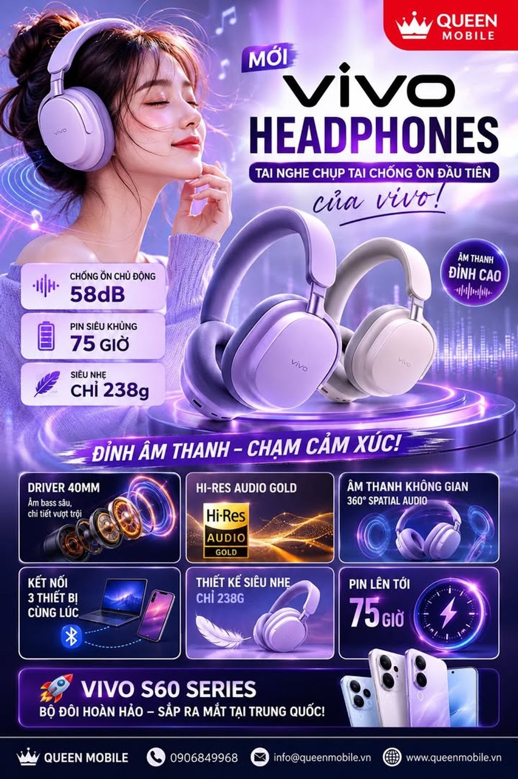 Vivo S60 Series ra mắt cùng tai nghe chụp tai chống ồn đầu tiên của vivo, liệu các ông lớn Sony và JBL có phải dè chừng trước đối thủ mới này?