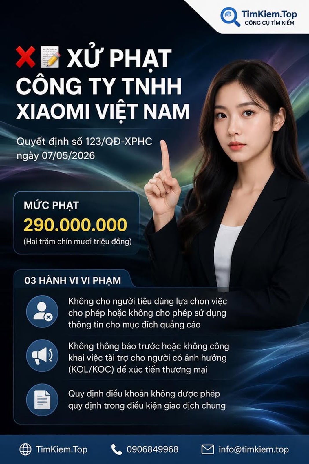 Thông tin trong ảnh là có cơ sở và đã được nhiều nguồn báo chí đăng lại từ thông báo của Ủy ban Cạnh tranh Quốc gia. Theo đó, ngày 07/05/2026, Công ty TNHH Xiaomi Việt Nam bị xử phạt hành chính tổng cộng 290 triệu đồng do vi phạm quy định của Luật Bảo vệ quyền lợi người tiêu dùng.