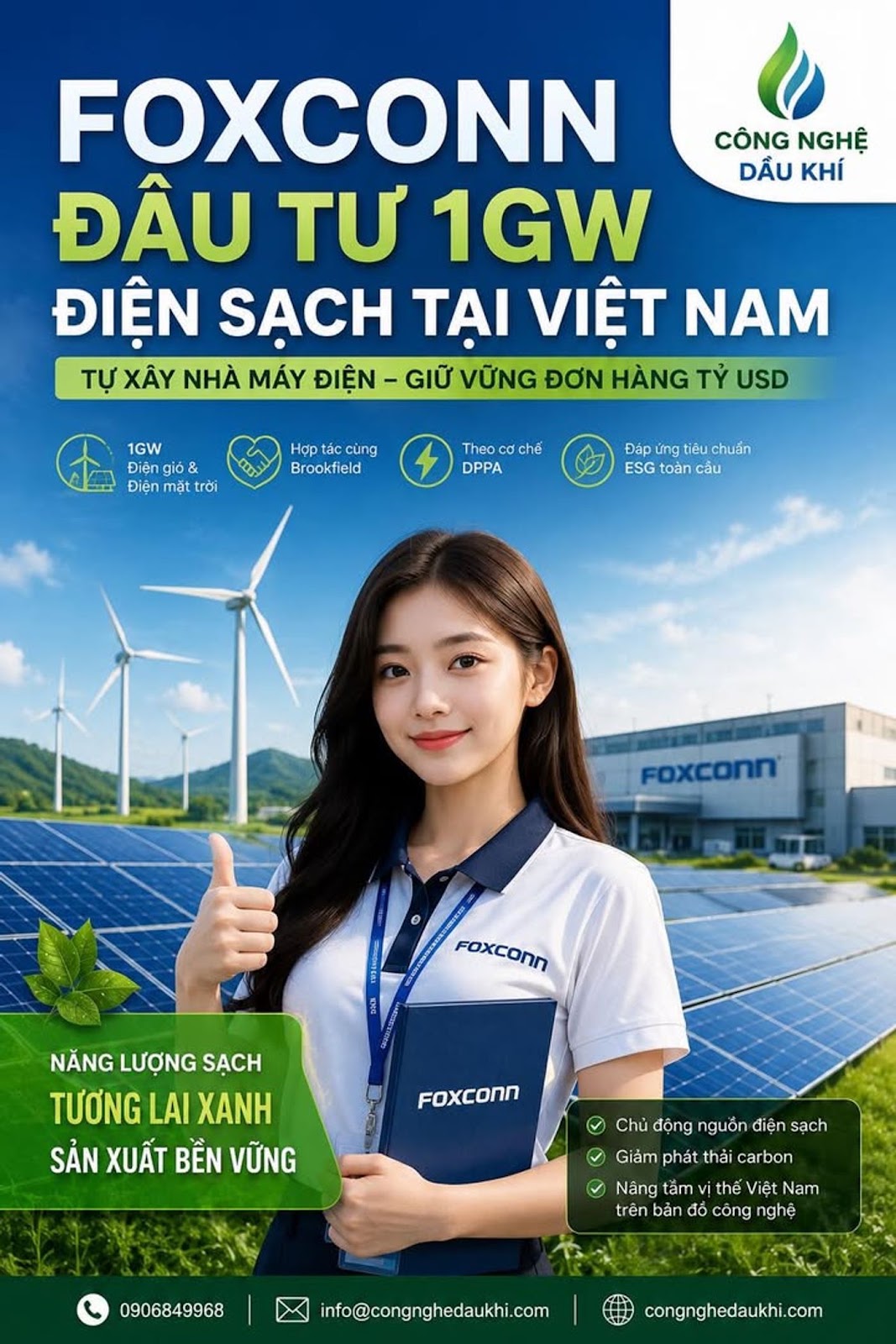 FOXCONN ĐẦU TƯ 1GW ĐIỆN SẠCH TẠI VIỆT NAM – KHI “ĐẠI BÀNG” CÔNG NGHỆ TỰ XÂY NHÀ MÁY ĐIỆN ĐỂ GIỮ ĐƠN HÀNG TỶ USD