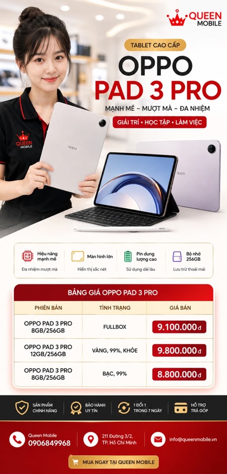 OPPO PAD 3 PRO – TABLET CẤU HÌNH CAO, GIÁ TỪ 8,8 TRIỆU TẠI QUEEN MOBILE 🔥🌿