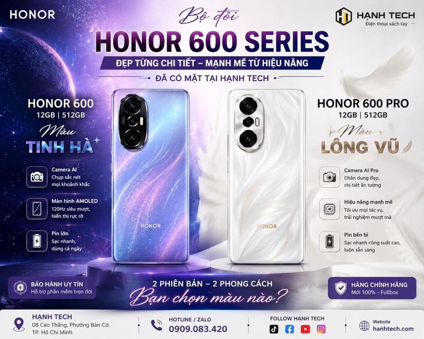 📱 𝗛𝗼𝗻𝗼𝗿 𝟲𝟬𝟬 (12/512GB) Tinh Hà & 𝗛𝗼𝗻𝗼𝗿 𝟲𝟬𝟬 𝗣𝗿𝗼 (12/512GB) Lông Vũ – Bộ đôi smartphone đẹp nhất năm 💖🔥