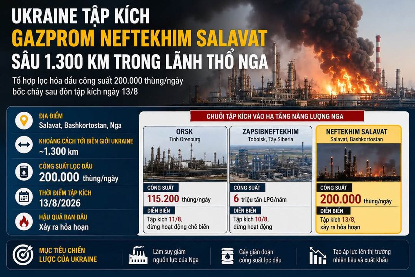 Ukraine tập kích tổ hợp Gazprom Neftekhim Salavat sâu 1.300 km trong lãnh thổ Nga #Ukraine #Nga #Gazprom #NeftekhimSalavat #Bashkortostan #NhàMáyLọcDầu #DầuMỏ #NăngLượng #UAV #Drone #XungĐộtNgaUkraine #ThịTrườngDầu #XăngDầu #ĐịaChínhTrị