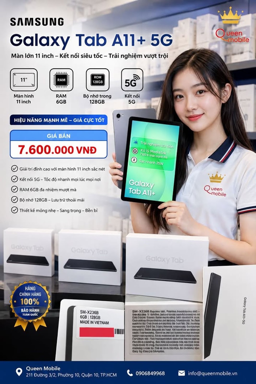 Mua ngay Samsung Galaxy Tab A11 Plus 5G X236B 11 inch 6GB 128GB Giá cực hấp dẫn tại Queen Mobile #Samsung #GalaxyTabA11Plus #GalaxyTab #SamsungTablet #Tablet5G #Android #QueenMobile #MayTinhBang #GiaTot #KhuyenMai #HoChiMinh