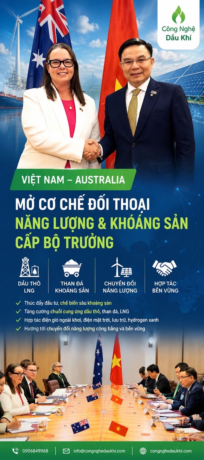Việt Nam - Australia mở cơ chế đối thoại năng lượng và khoáng sản cấp Bộ trưởng, dầu thô, LNG và khoáng sản chiến lược vào tâm điểm hợp tác #ViệtNam #Australia #NăngLượng #DầuKhí #LNG #ThanĐá #KhoángSản #KhoángSảnChiếnLược #ChuyểnĐổiNăngLượng #ĐiệnGióNgoàiKhơi #HydrogenXanh #ESG #AnNinhNăngLượng #BộCôngThương #Canberra